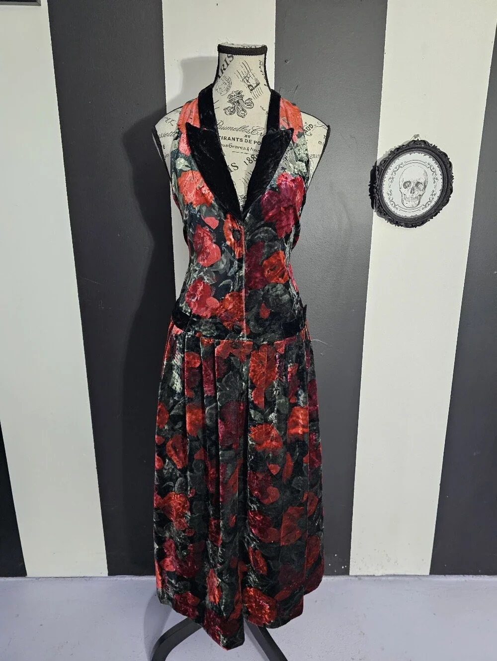 Vintage Red and Black Velvet Floral Halter Midi Dress - Picture 2 of 5